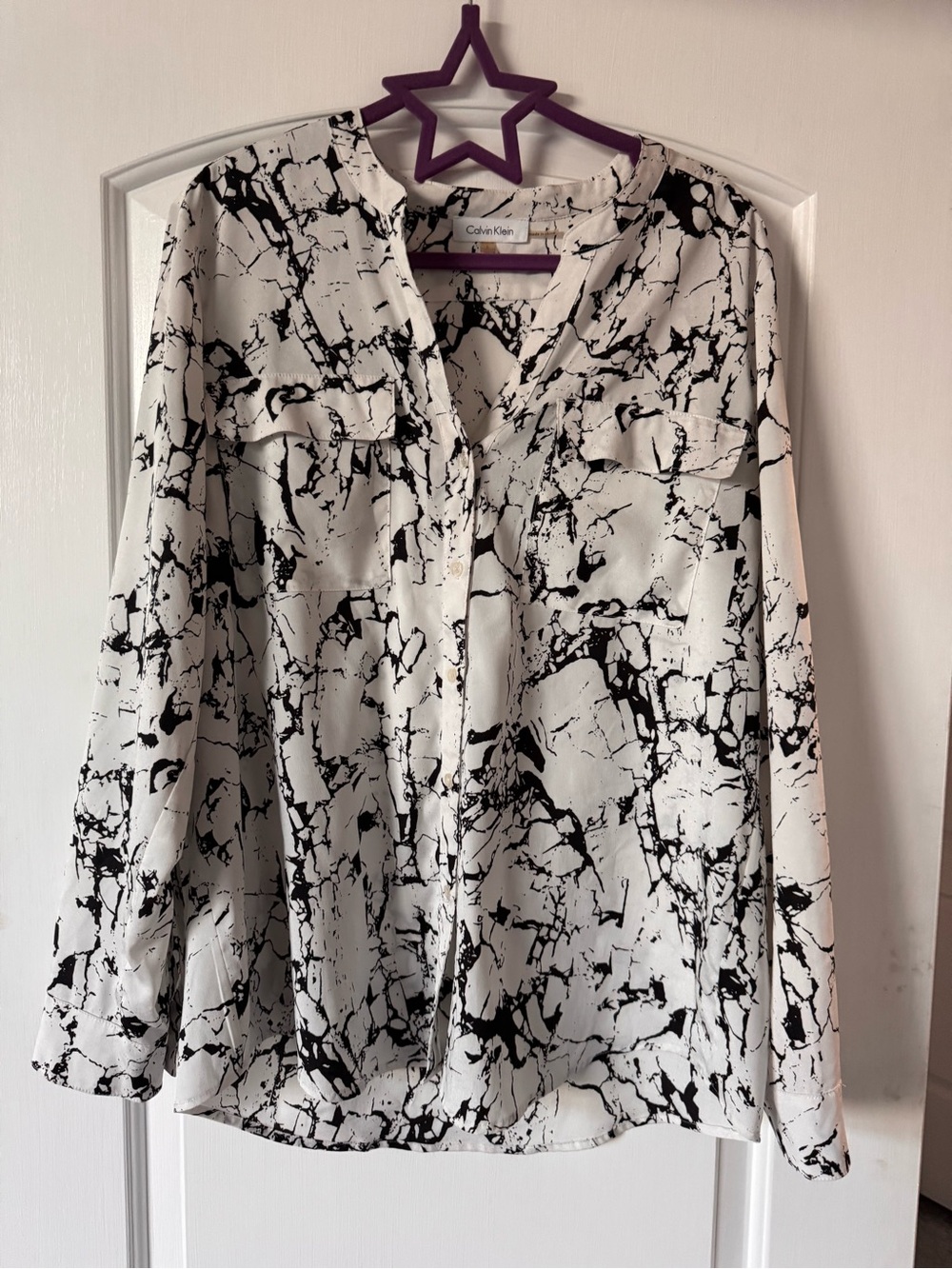 Calvin Klein Black & White Marble-Print Button Front Blouse - Picture 2 of 7